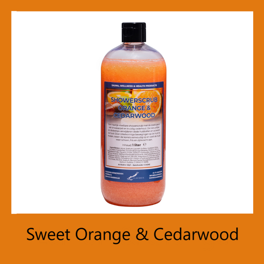 Showerscrub Orange & Cedarwood 1 liter (transparant) met kader